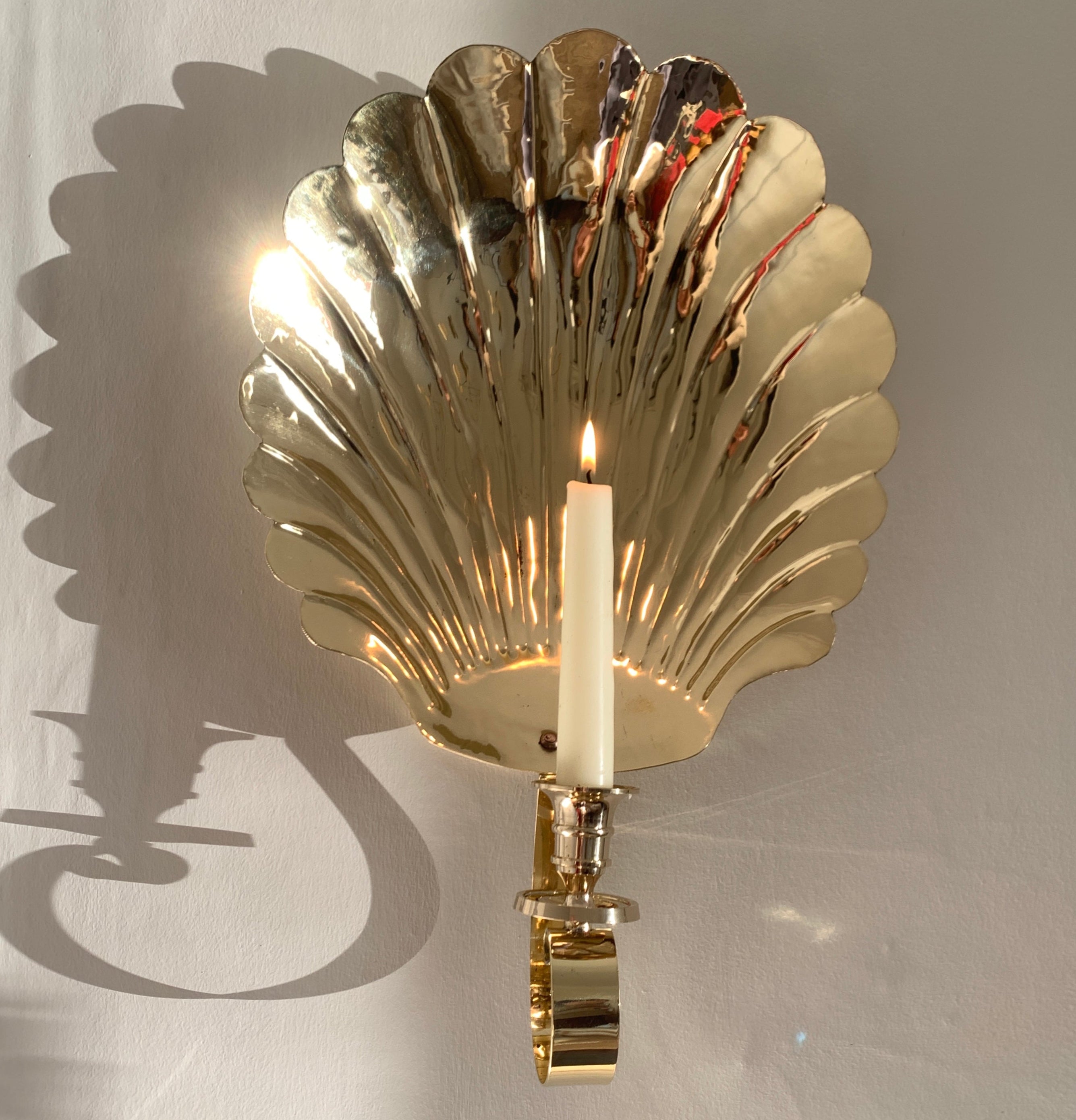 OFFER Pair Extra-Large Scallop Candle Sconces, long strap, brass